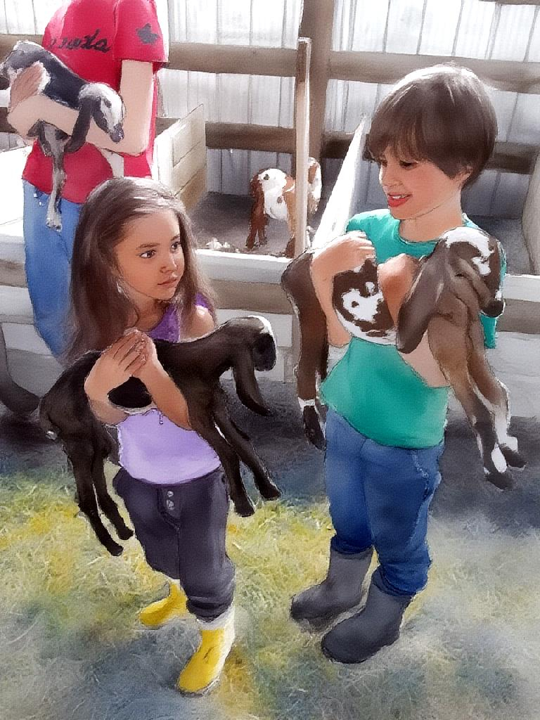 Kids — two children in rubber boots holding baby goats